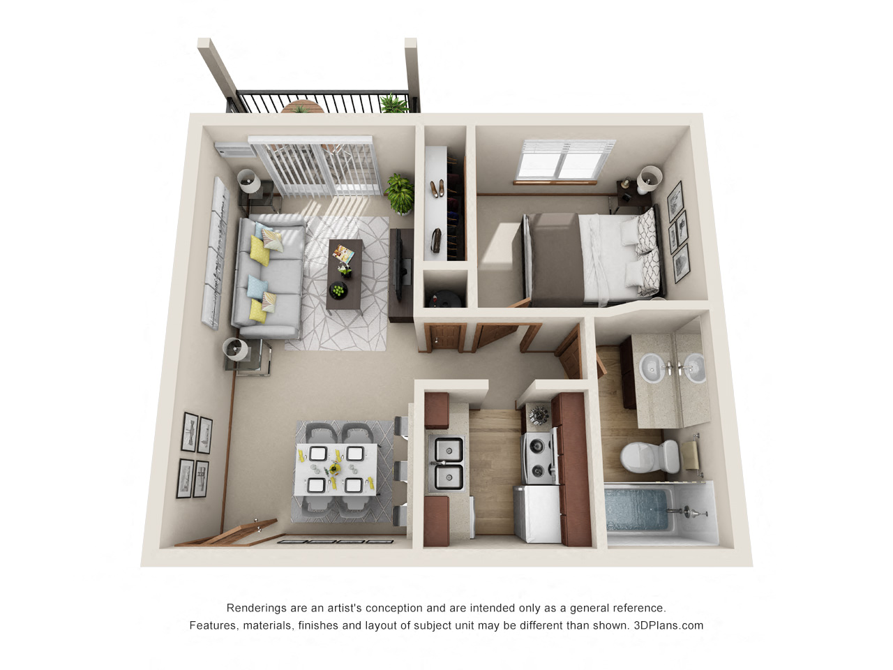 Floor plan for 1 bed, 1 bath, 600 sqft